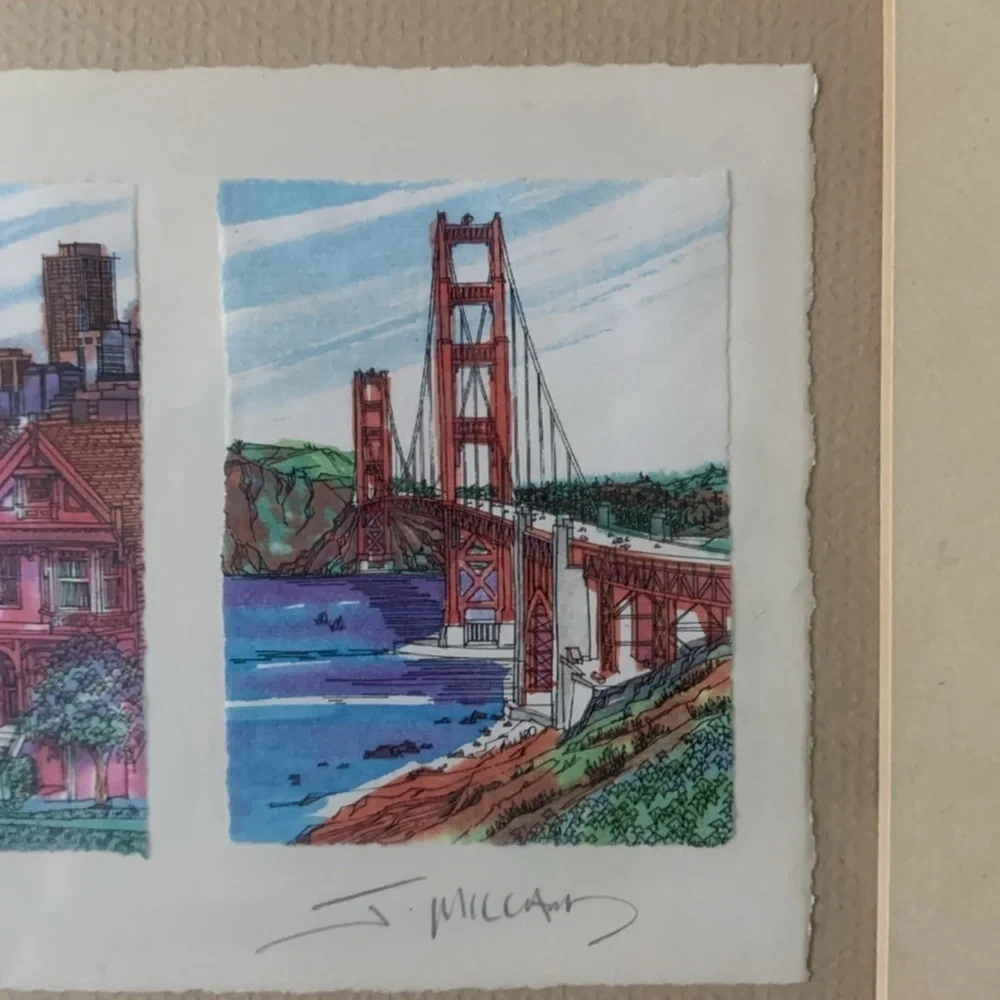 James Millard Golden Gate Bridge Watercolored Matted Print Signed By Artist gold